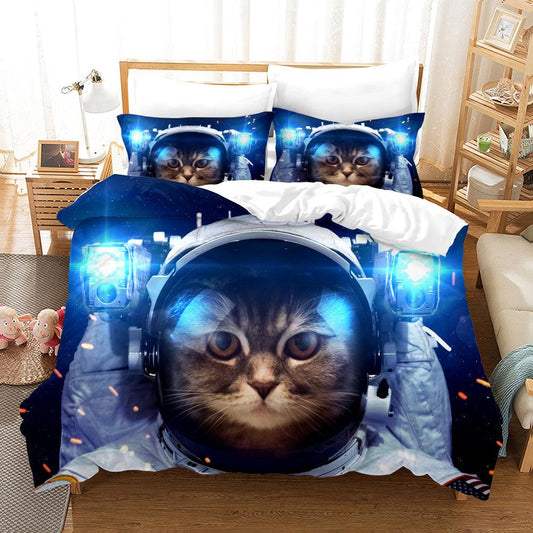 3D Blue Astronaut Cat Kitty Quilt Cover Set Bedding Set Duvet Cover Pillowcases SF50