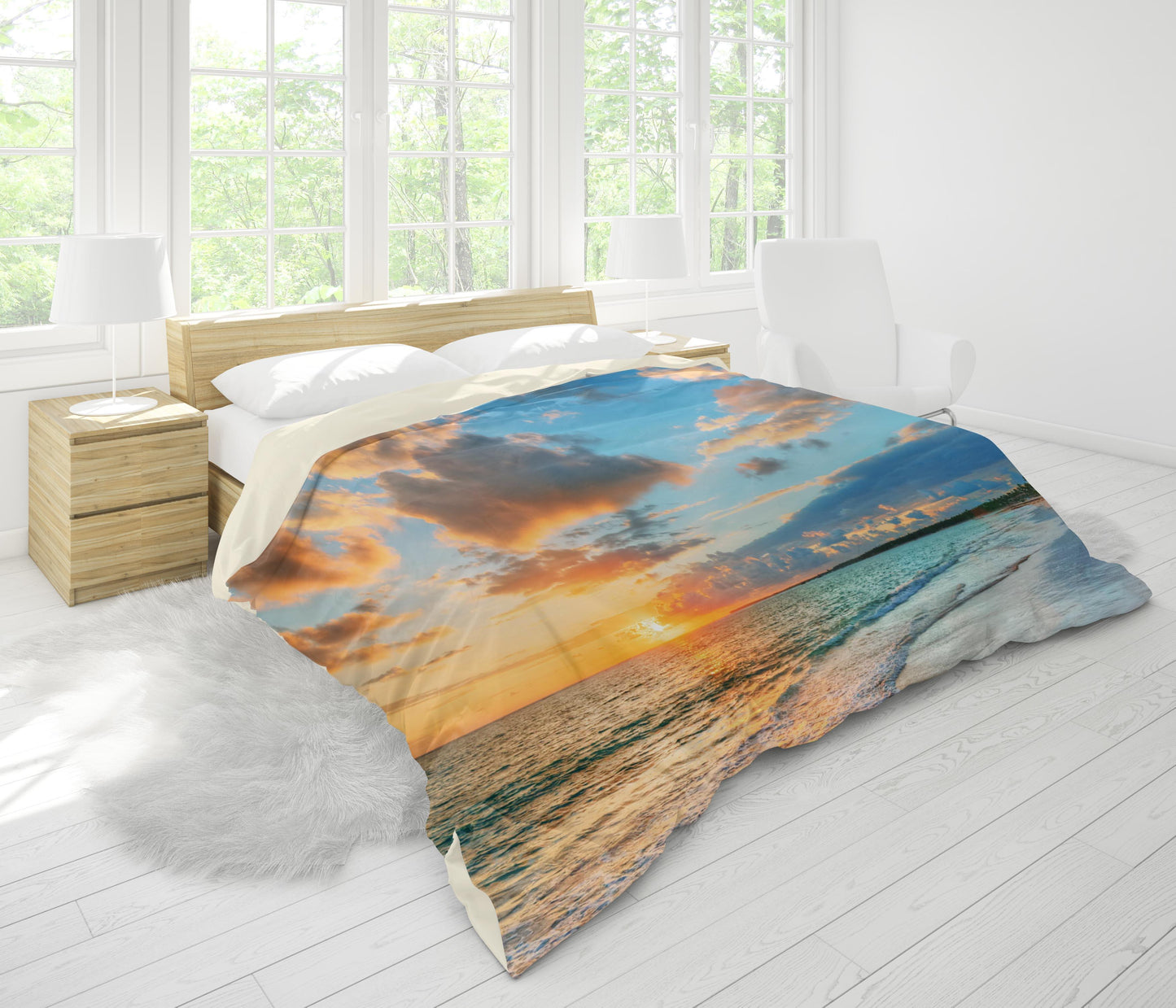 3D Blue Sea Sunset Beach Trees Quilt Cover Set Bedding Set Pillowcases 10