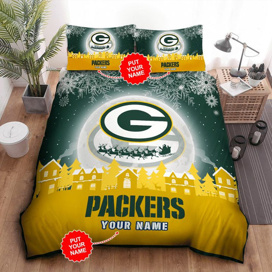 NFL Green Bay Packers Custom Name Big Logo Xmas Reindeers Bedding Set