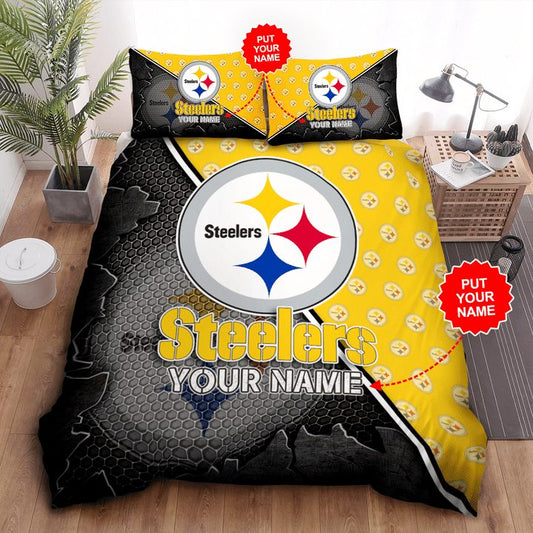 NFL Pittsburgh Steelers Custom Name Black Golden Logo Bedding Set