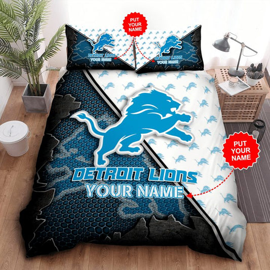 NFL Detroit Lions Custom Name Blue White Bedding Set