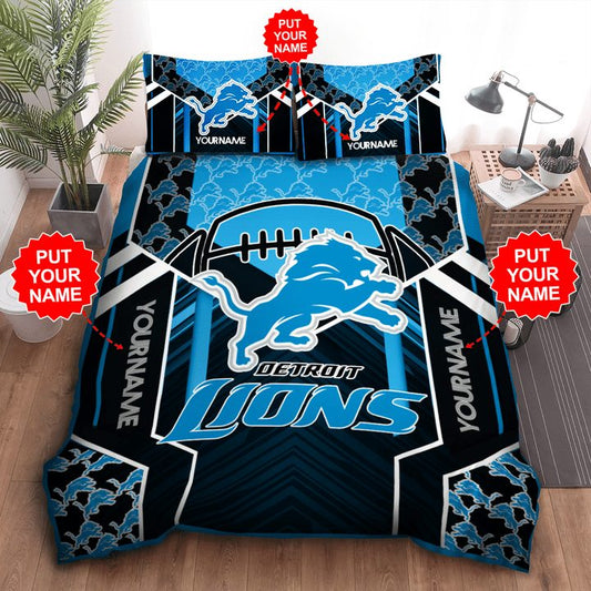 NFL Detroit Lions Custom Name Black Blue Bedding Set