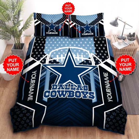 NFL Dallas Cowboys Custom Name Black Light Blue Bedding Set