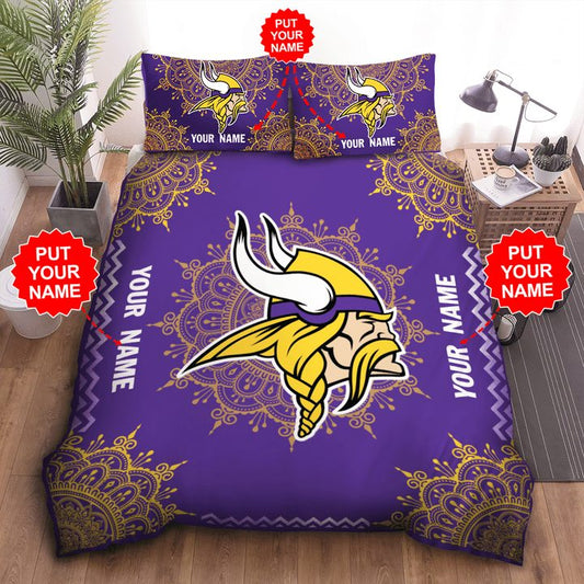 NFL Minnesota Vikings Custom Name Purple Yellow Logo Bedding Set