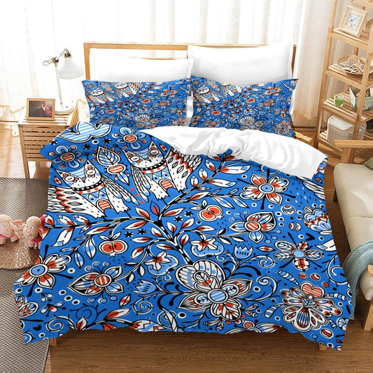 3D Blue Owl Floral Quilt Cover Set Bedding Set Duvet Cover Pillowcases SF68