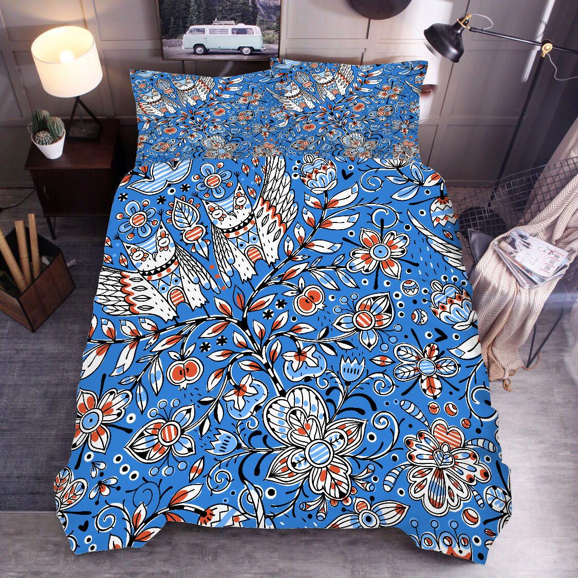 3D Blue Owl Floral Quilt Cover Set Bedding Set Duvet Cover Pillowcases SF68