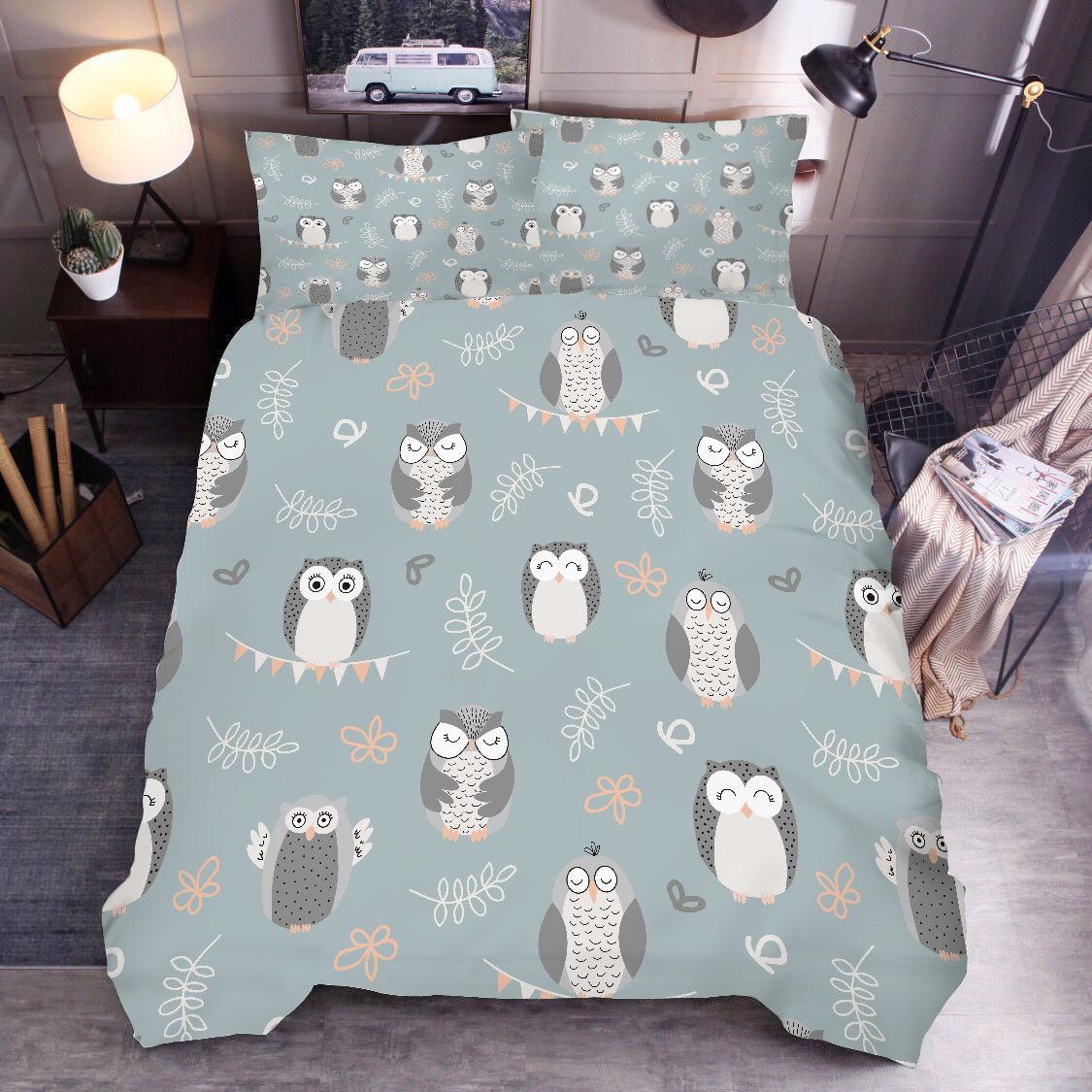 3D Cartoon Owl Floral Leaves Quilt Cover Set Bedding Set Duvet Cover Pillowcases SF77