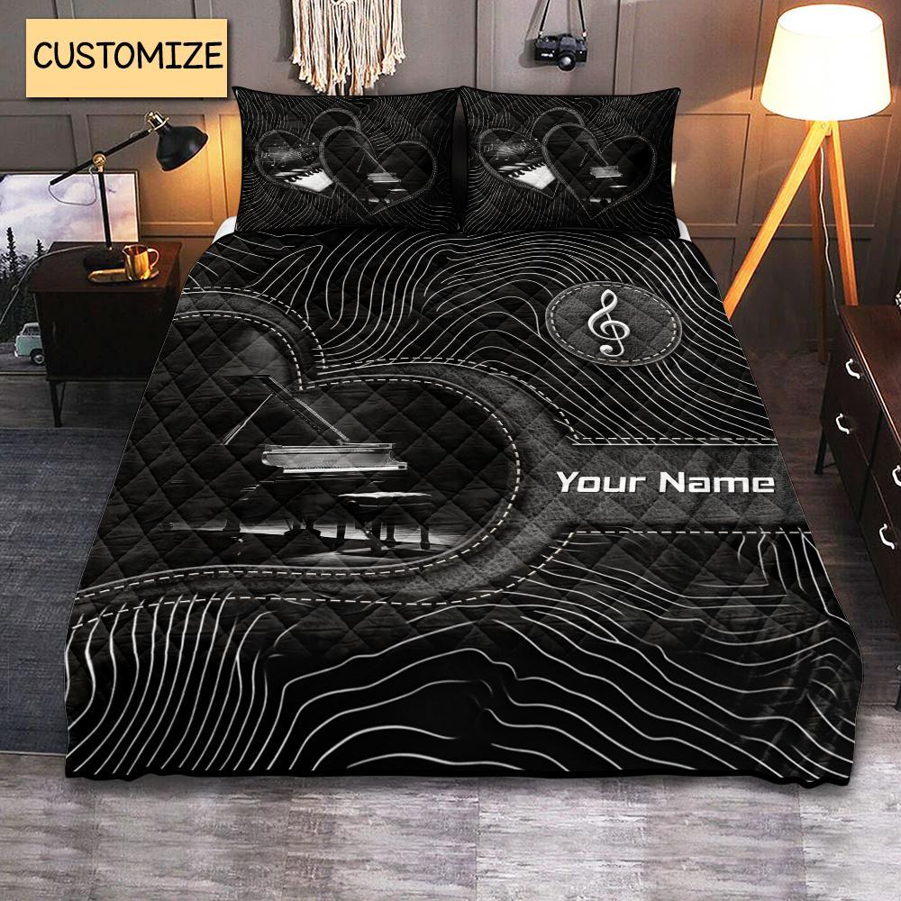Custom Name Piano Quilt Bedding Set Unique 3pc Personalized Music Comfort