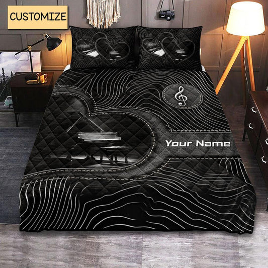 Custom Name Piano Quilt Bedding Set Unique 3pc Personalized Music Comfort