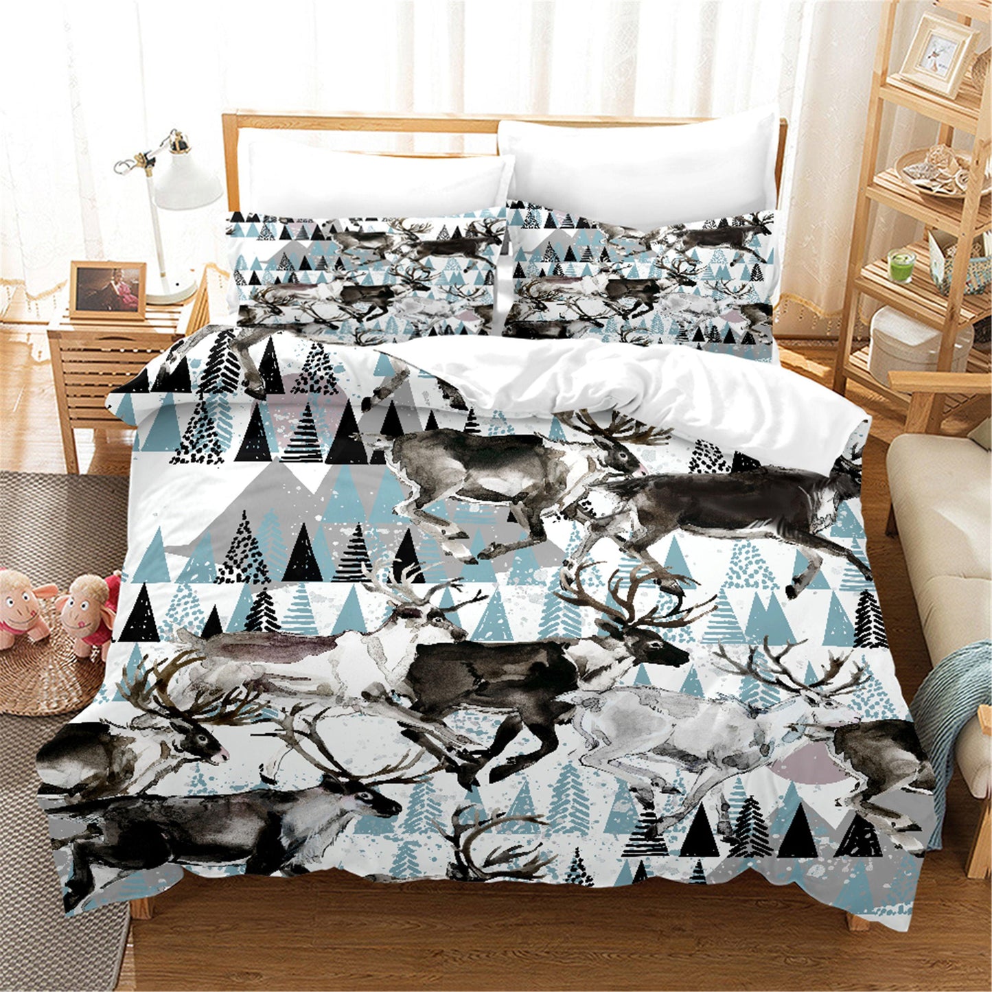 3D Blue Elk Pine Trees Quilt Cover Set Bedding Set Duvet Cover Pillowcases SF11