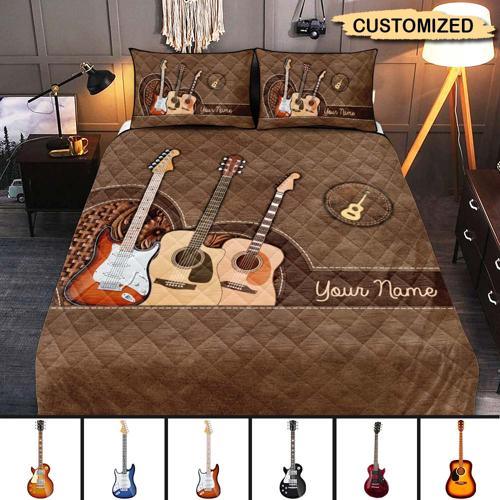 Brown Heart Guitar Personalized Quilt Bedding Set