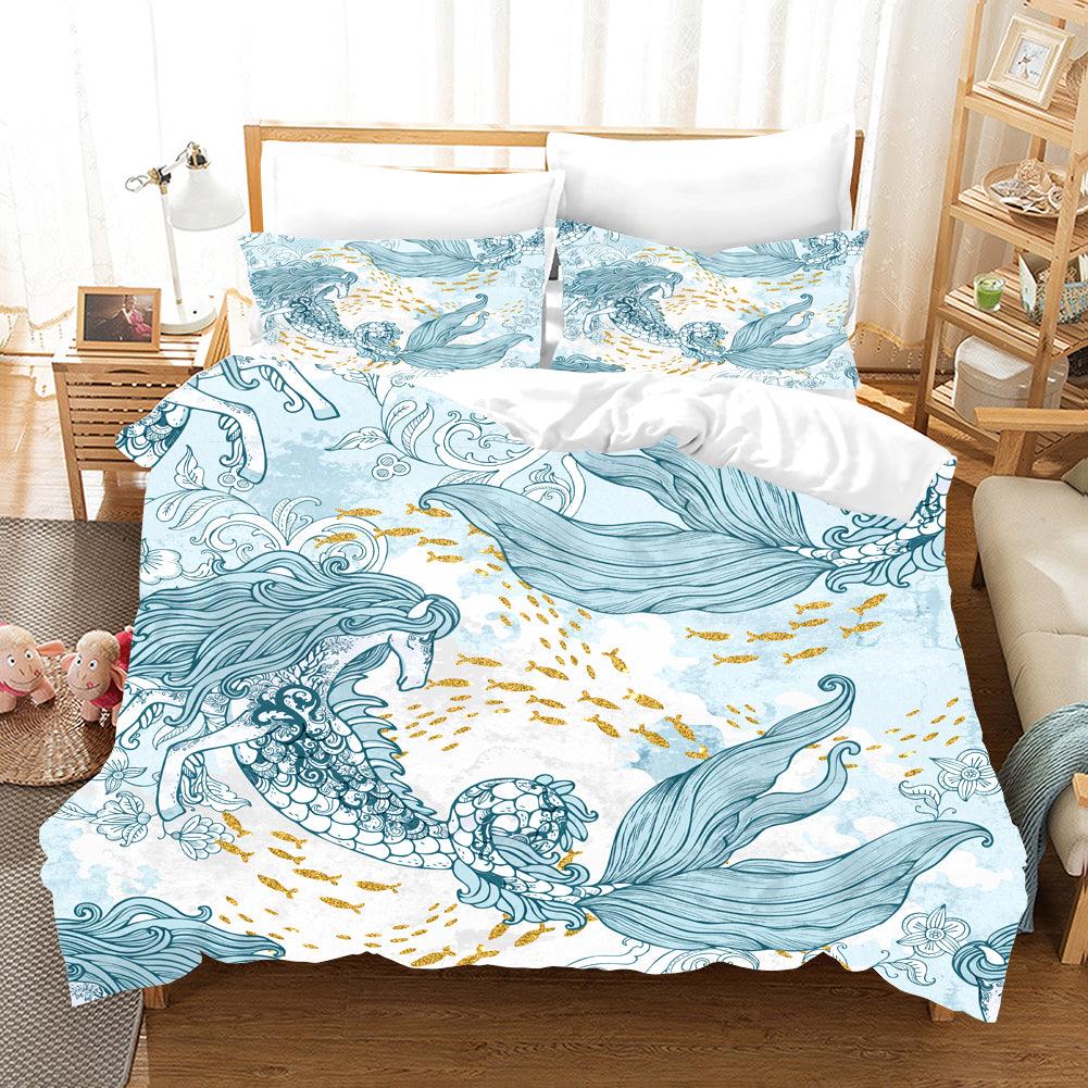 3D Blue Horse Face Mermaid Quilt Cover Set Bedding Set Pillowcases 79