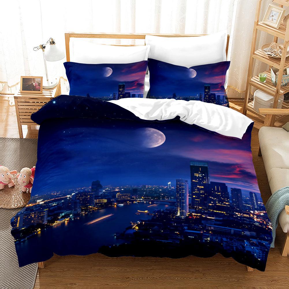 3D Blue Moon City Building Night Quilt Cover Set Bedding Set Pillowcases 32
