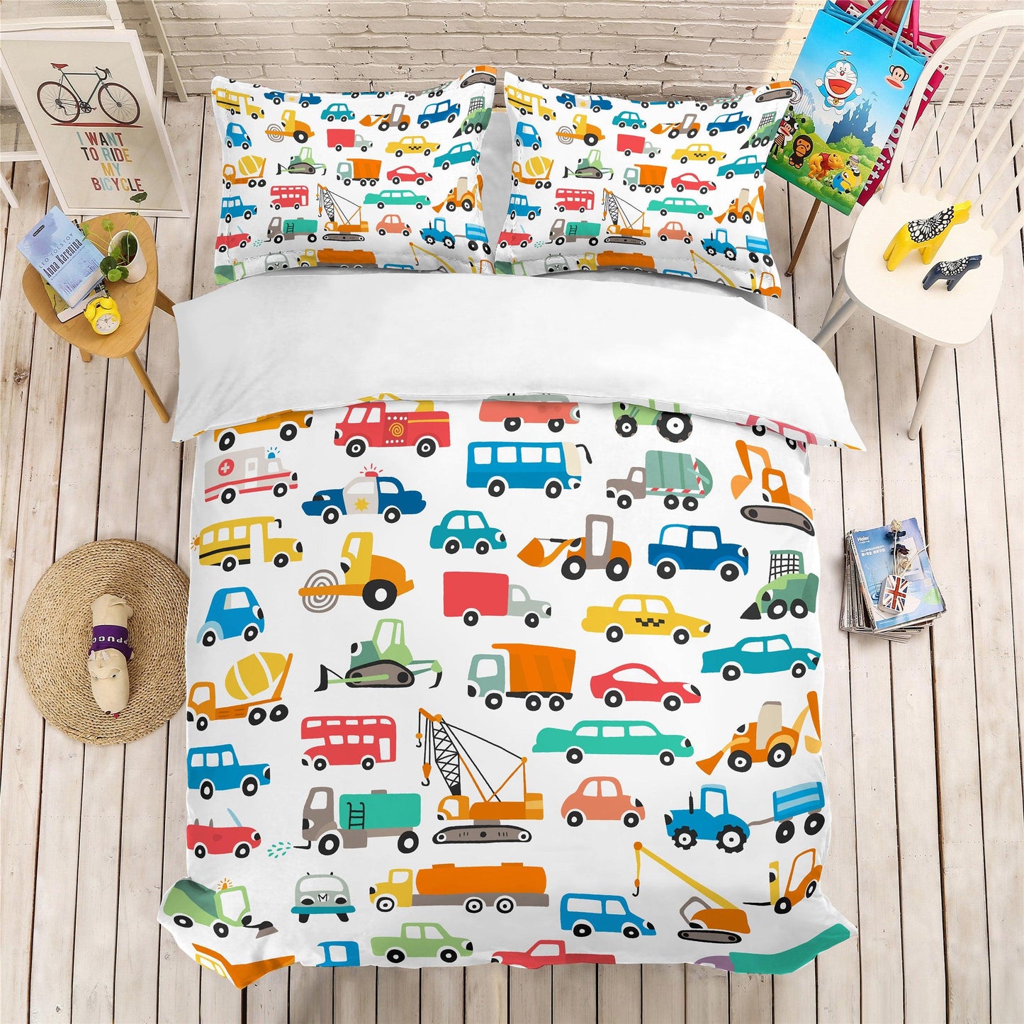 3D Cartoon Cars Engineering Vehicle Pattern Quilt Cover Set Bedding Set Pillowcases 157