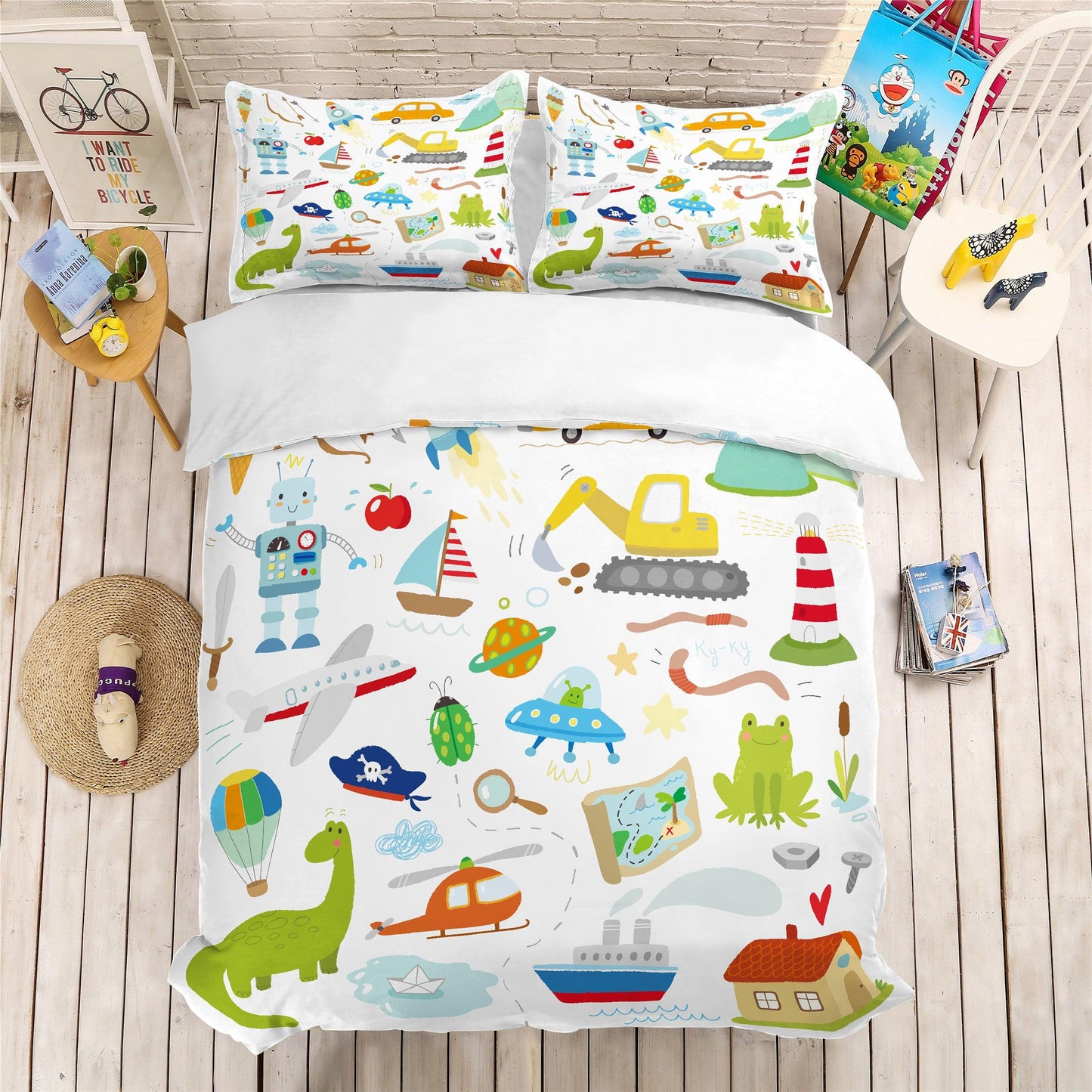 3D Cartoon Dinosaur Boat Airplane Car Balloon Pattern Quilt Cover Set Bedding Set Pillowcases 158