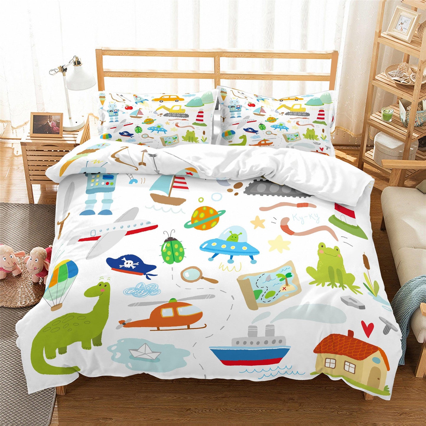 3D Cartoon Dinosaur Boat Airplane Car Balloon Pattern Quilt Cover Set Bedding Set Pillowcases 158