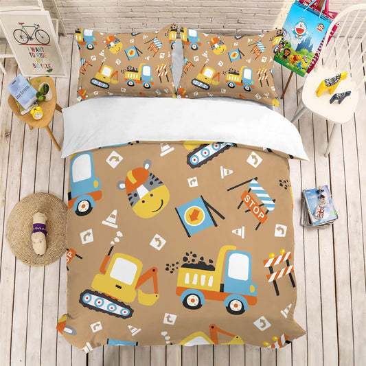 3D Cartoon Engineering Vehicle Traffic Sign Pattern Quilt Cover Set Bedding Set Pillowcases 159