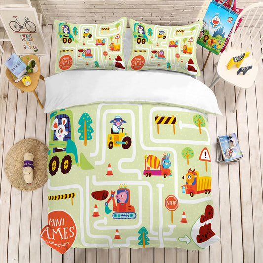 3D Cartoon Animals Car Engineering Vehicle Map Pattern Quilt Cover Set Bedding Set Pillowcases 160