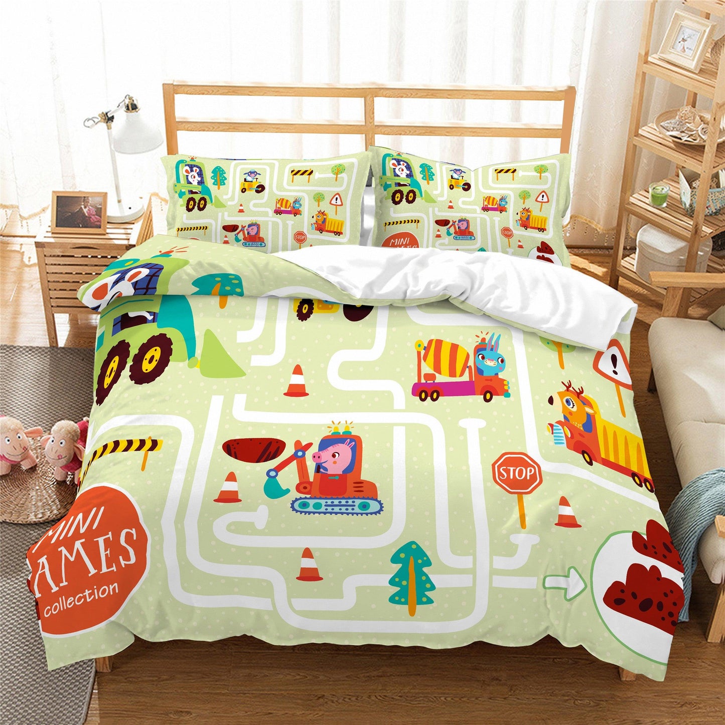 3D Cartoon Animals Car Engineering Vehicle Map Pattern Quilt Cover Set Bedding Set Pillowcases 160