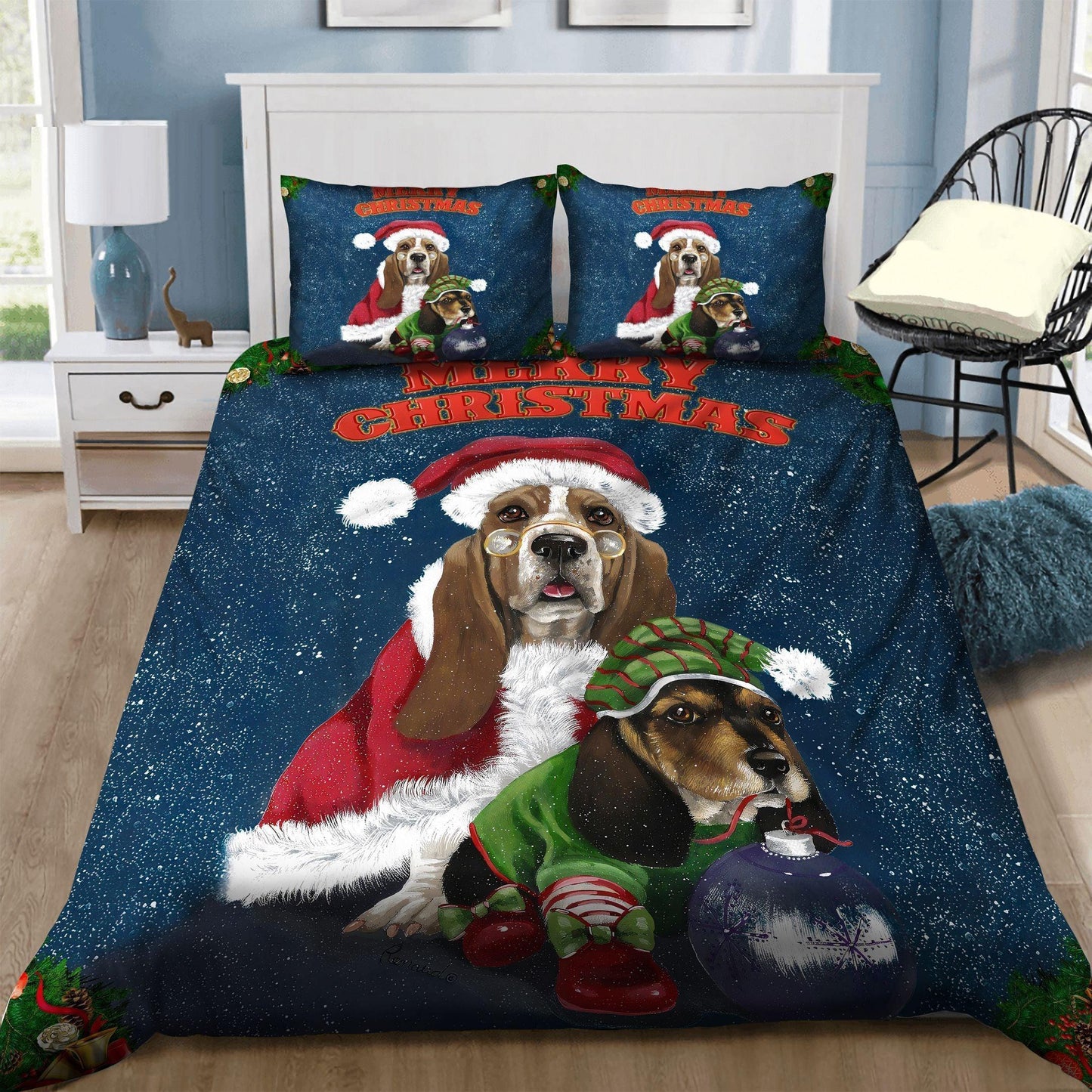 Personalized 3-piece Duvet Cover Bedding Set  Christmas Dog Bedding Set QAEI