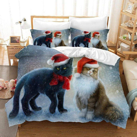 Personalized 3-piece Duvet Cover Bedding Set  Christmas Cat Bedding Set IYH