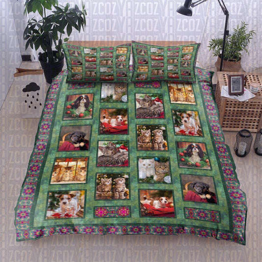 Personalized 3-piece Duvet Cover Bedding Set  Adorable Christmas Pets Cat Dog Bedding Set IYI