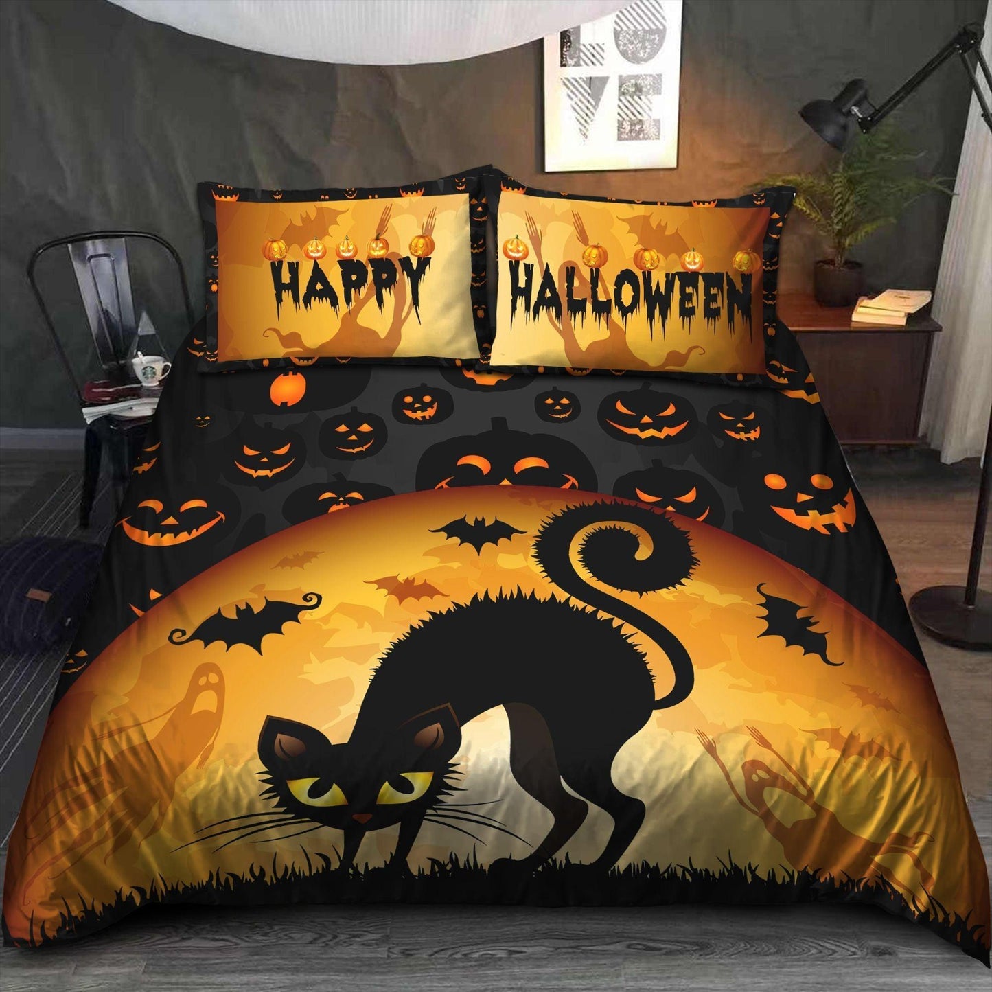 Personalized 3-piece Duvet Cover Bedding Set  Halloween Cat Bedding Set QACQ