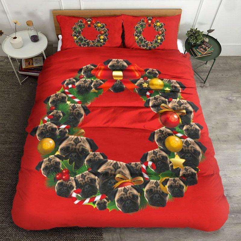 Personalized 3-piece Duvet Cover Bedding Set  Pug Dog Christmas Wreath Bedding Set IYE