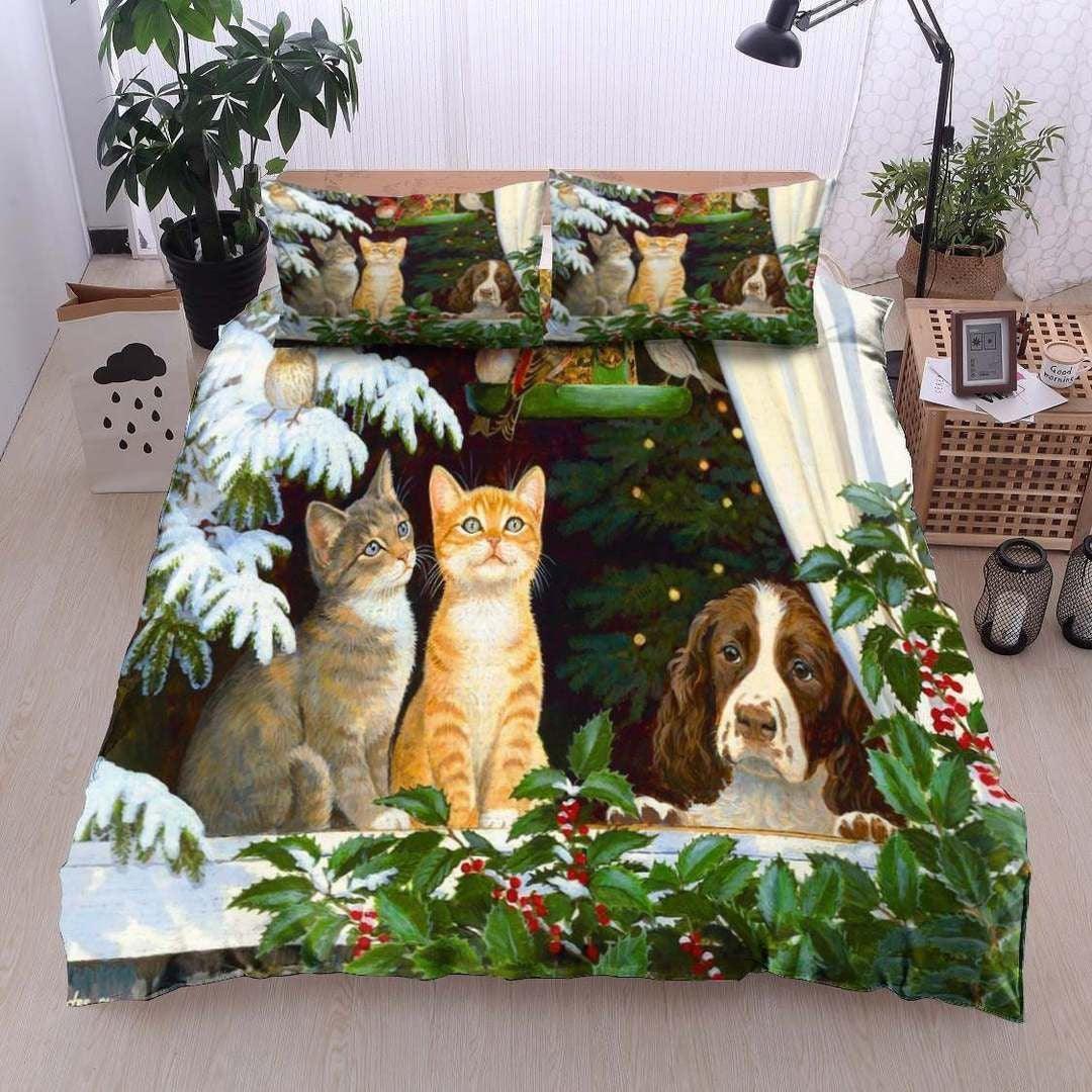 Personalized 3-piece Duvet Cover Bedding Set Cat Dog Bird Christmas Bedding Set IYC