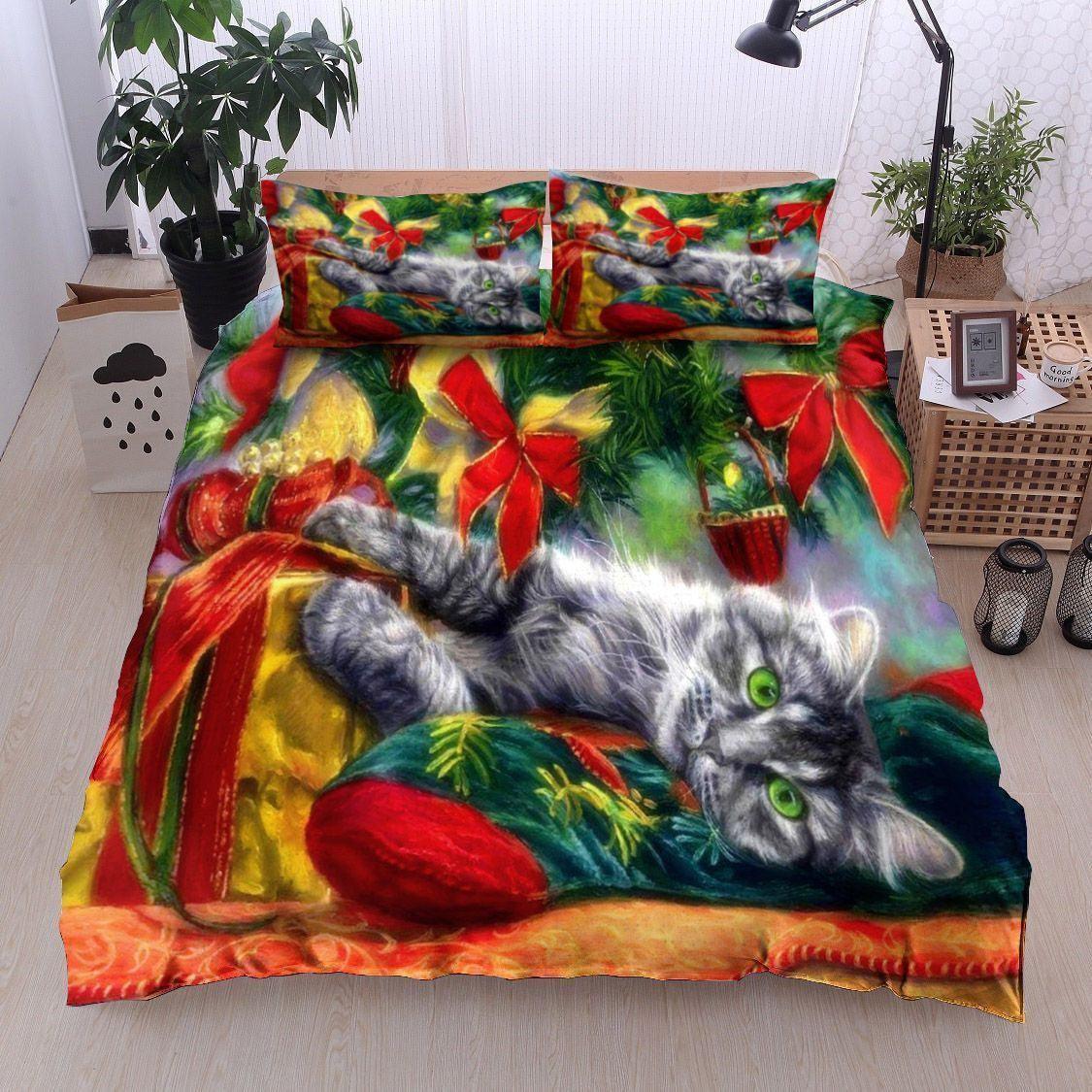 Personalized 3-piece Duvet Cover Bedding Set  Christmas Cat Bedding Set IYI