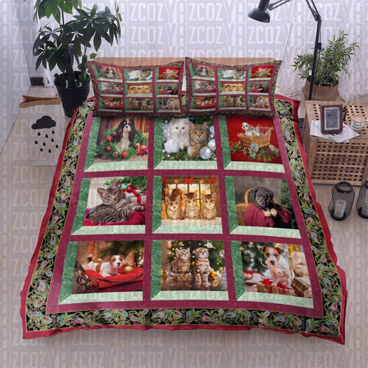 Personalized 3-piece Duvet Cover Bedding Set  Christmas Pets Cats And Dog Bedding Set IYW