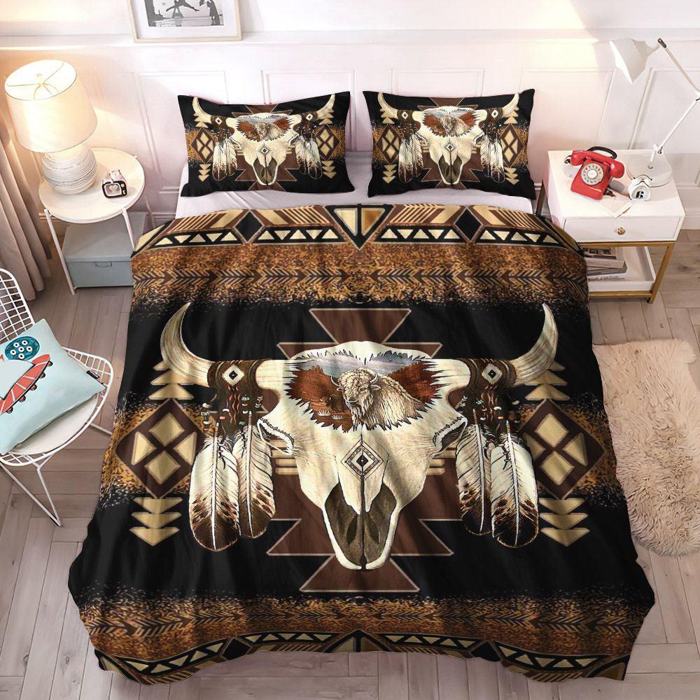 America Lovers Soft Duvet Cover Set, Bone King Size Bedding Set, Native American Pattern Bull Skull Bedding Set, Gifts for Skull