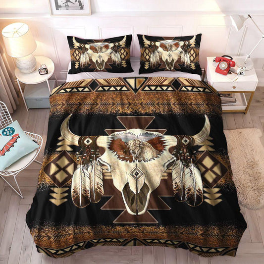 America Lovers Soft Duvet Cover Set, Bone King Size Bedding Set, Native American Pattern Bull Skull Bedding Set, Gifts for Skull