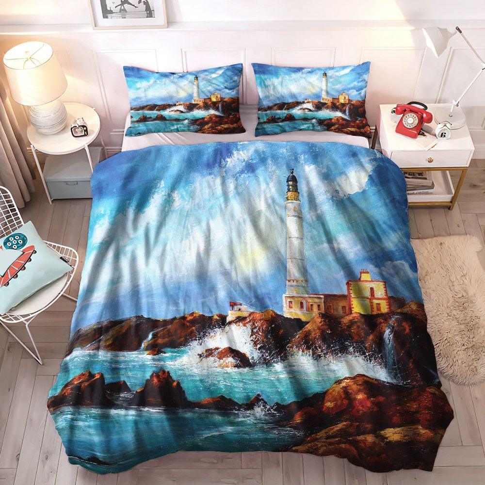 Beach Soft Duvet Cover Set, Seascape Cozy Bedding Set, Nautical King Size Bedding Set, Lighthouse Bedding Sets, Gifts for Lighthouse