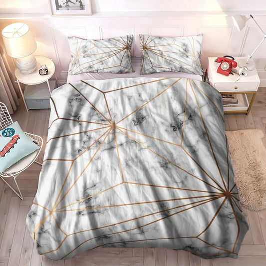 Geometric Design King Size Bedding Set, Geometry Soft Duvet Cover Set, Gold Geometric Line Marble Bedding Sets, Gifts for Gold