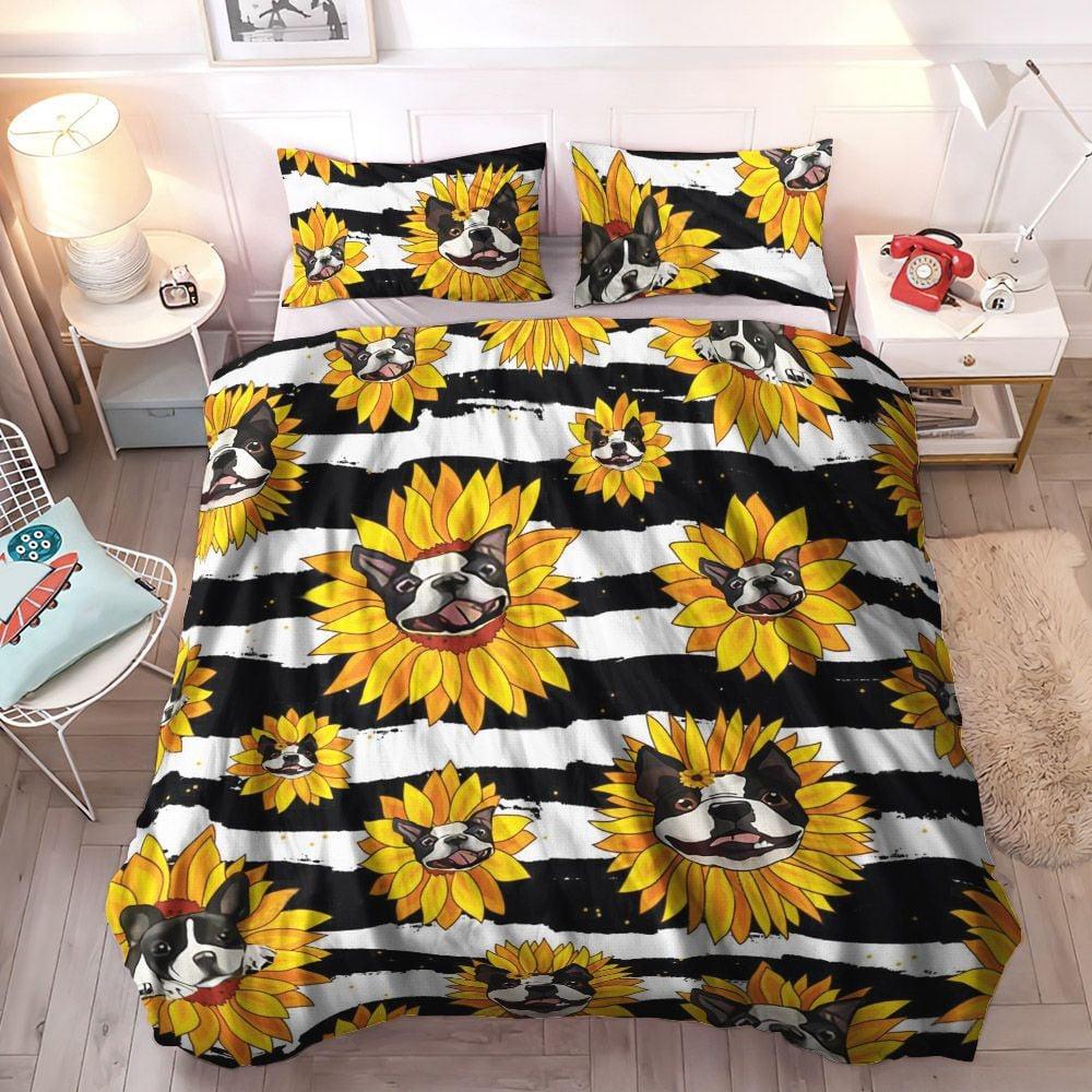 Helianthus Soft Duvet Cover Set, BOSTON TERRIER BEDDING SET WHITE SUNFLOWER 24MH PM, Gifts for Sunflower