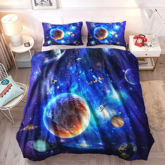 Funny Astronaut Queen Size Bedding Set, Solar System Soft Duvet Cover Set, Space Planet Bedding Set, Gifts for Planets