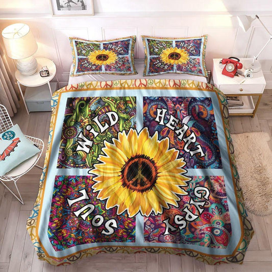Freedom Soft Duvet Cover Set, Hippie Sun And Moon Cozy Bedding Set, Hippie Sunflower Peace Bedding Set, Gifts for Sunflower
