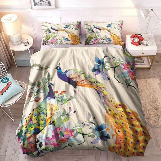 Flower Bouquet Soft Duvet Cover Set, Trendy Pink White Green And Blue Peacock And Flower Print Sophisticated Elegant Bedding Sets, Gifts for Flower