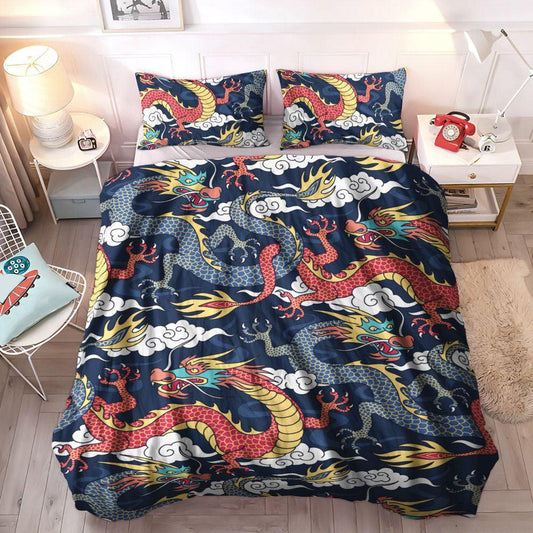 Cloud Soft Duvet Cover Set, Cloud Light Queen Size Bedding Set, Blue Red Dragon Cloud GS CL Bedding Set, Gifts for Cloud