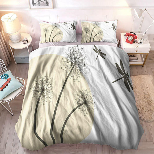 Personalized 3-piece Duvet Cover Bedding Set Floral King Size Bedding Set, Flower Garden Bedding Set, Dragonfly And Dandelion Flower Bedding Sets, Gifts for Dandelion