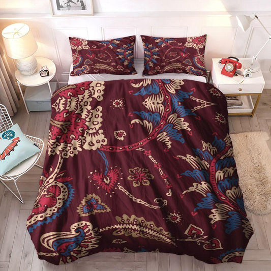 Boho Soft Duvet Cover Set, Bohemian Queen Size Bedding Set, Maroon Vintage Bohemian Floral Bedding Sets, Gifts for Floral