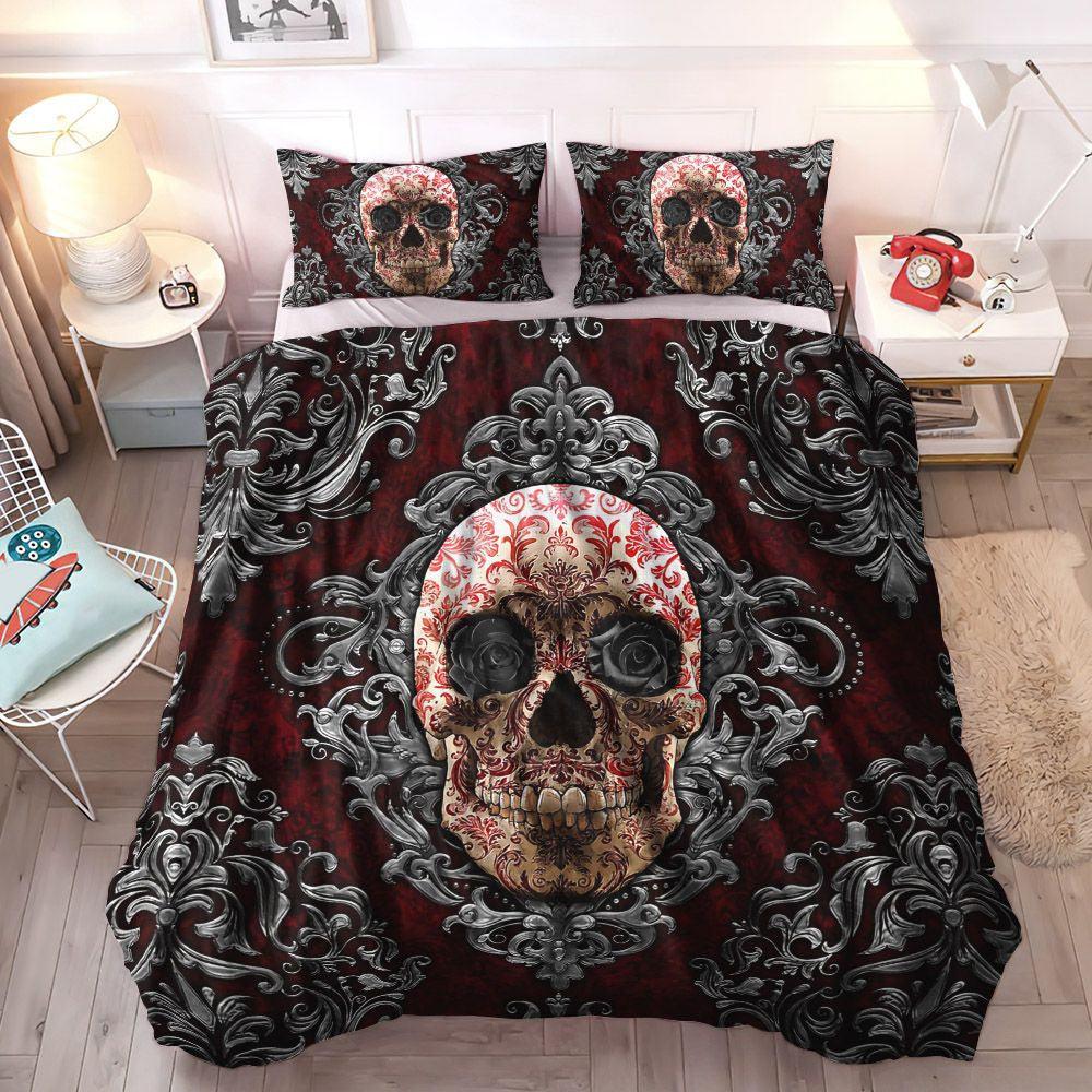 Gothic Style King Size Bedding Set, Gothic Soft Duvet Cover Set, Skeleton Bedding Set, Gothic Skull Metal Bedding Set, Gifts for Skull