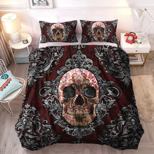 Gothic Style King Size Bedding Set, Gothic Soft Duvet Cover Set, Skeleton Bedding Set, Gothic Skull Metal Bedding Set, Gifts for Skull
