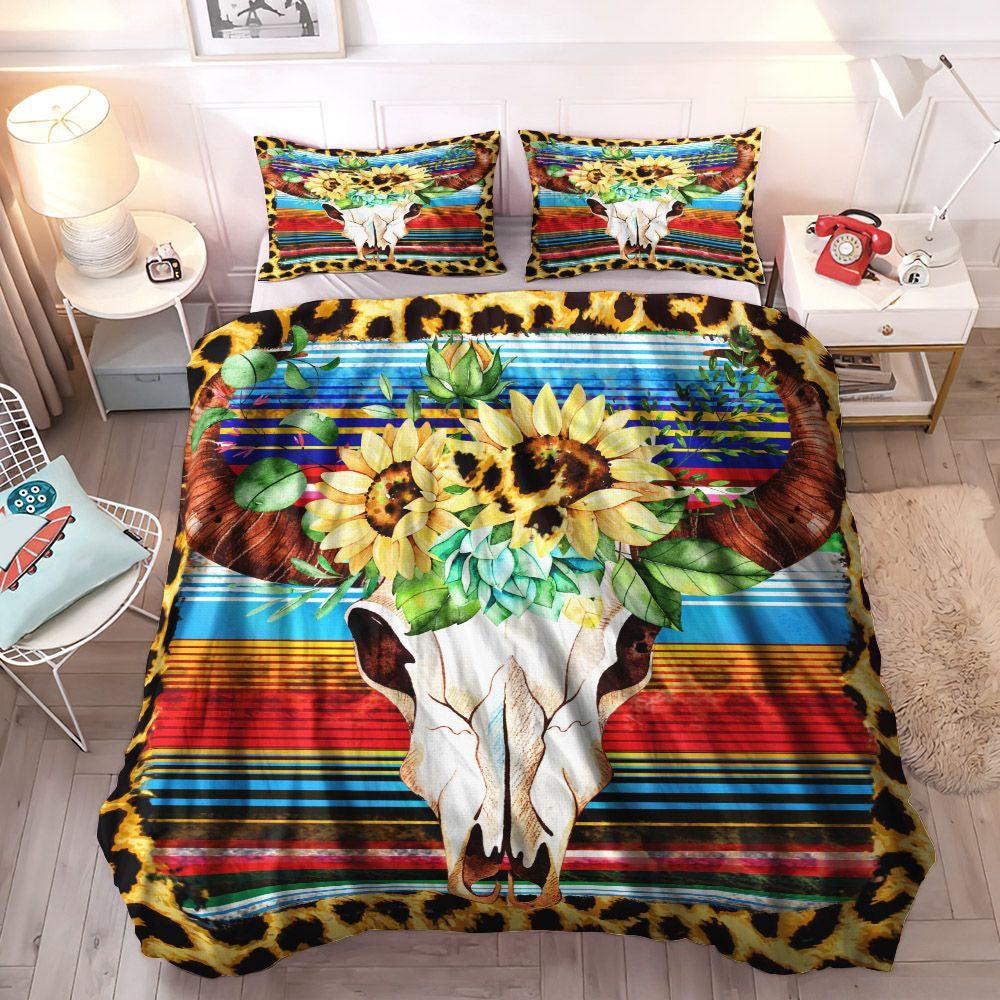 Cow Queen Size Bedding Set, Bull Horn Cozy Bedding Set, Milk Cow Soft Duvet Cover Set, Skull Bull Cow Sunflower Bedding Set, Gifts for Sunflower