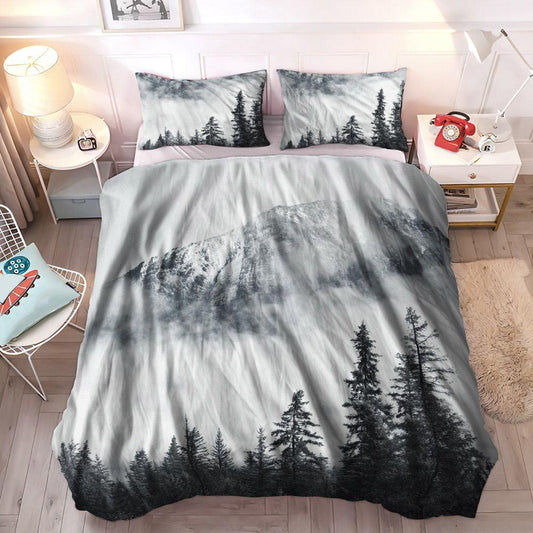 Forest Landscape Cozy Bedding Set, Forest Hills Soft Duvet Cover Set, Forest King Size Bedding Set, Foggy Forest Bedding Set, Gifts for Forest