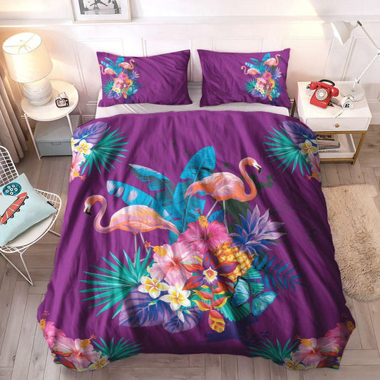 Bird Lover Queen Size Bedding Set, Flamingo Lover Gift Soft Duvet Cover Set, Flamingo Purple Jungle Bedding Sets, Gifts for Purple
