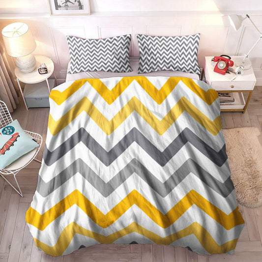 Bedding Set, Soft Duvet Cover Set, King Size Bedding Set, Cozy Bedding Set, Queen Size Bedding Set, Yellow Grey Chevron Bedding Set