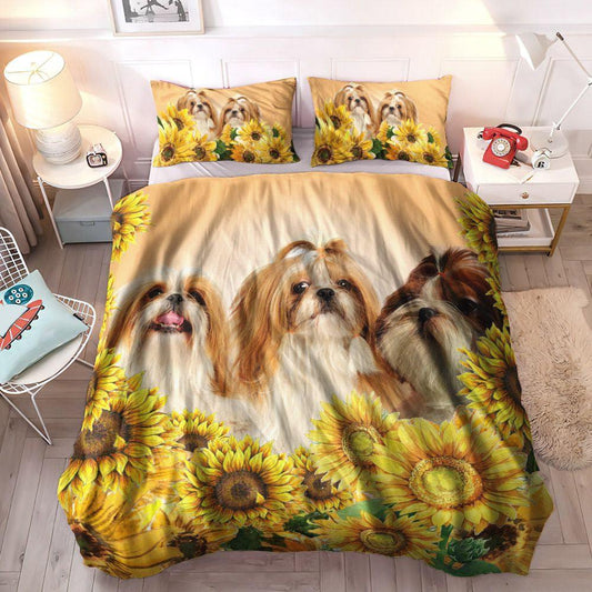 Helianthus King Size Bedding Set, Shih Tzu Dog Soft Duvet Cover Set, SHIH TZU BEIGE BEDDING SET SUNFLOWER 08MO PM, Gifts for Beige