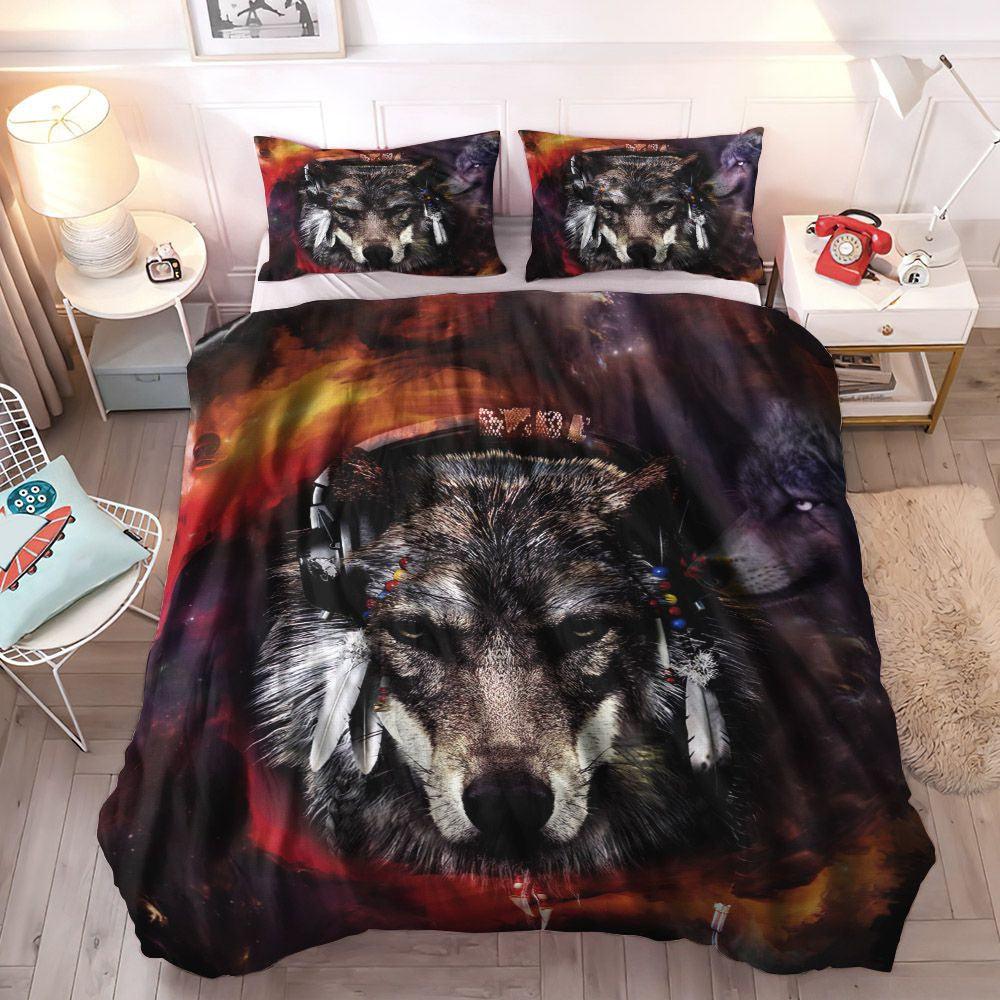 Space Queen Size Bedding Set, Halloween Gift Soft Duvet Cover Set, Wolf Nice Night Multicolor Galaxy Bedding Set, Gifts for Galaxy